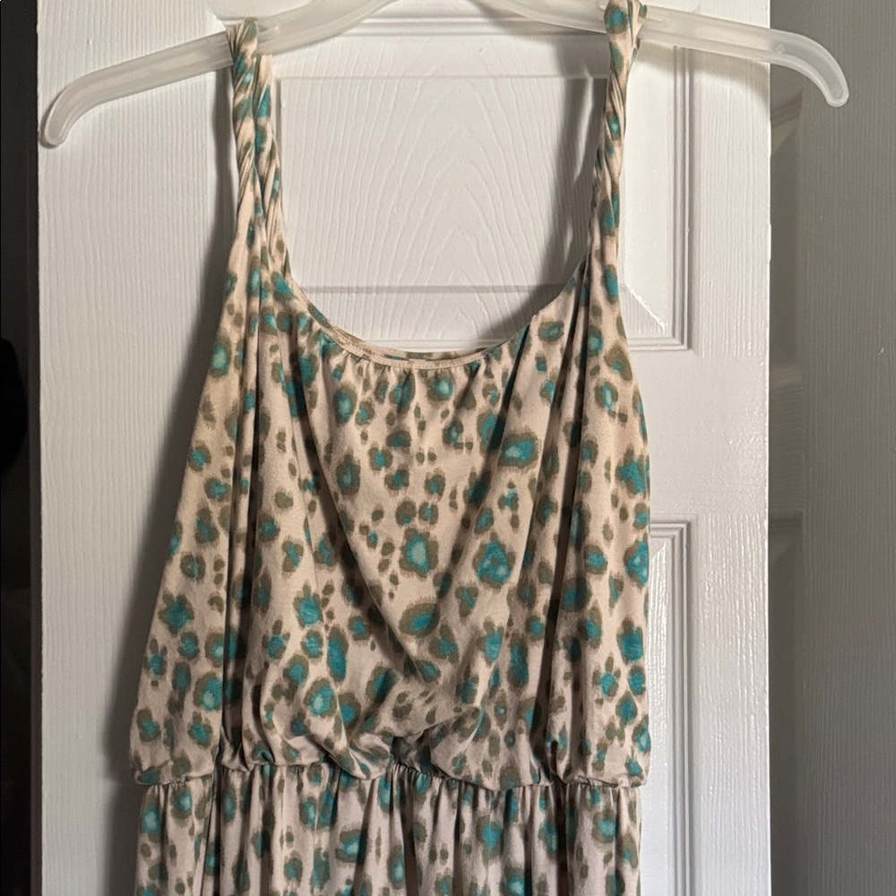 LOFT Beige Dress with Teal and Gray Leopard Spots